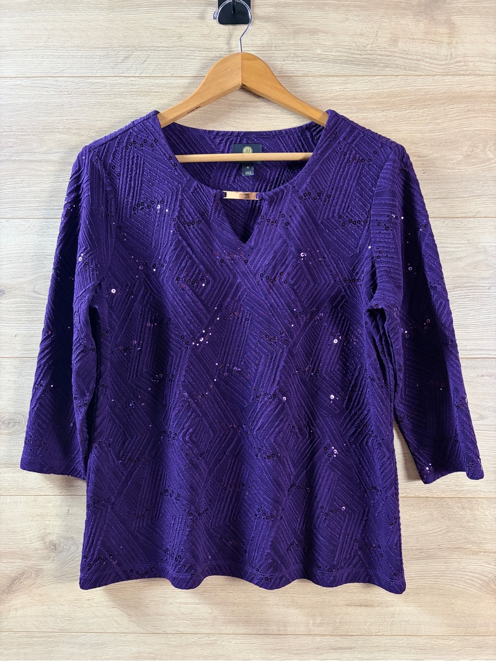 JM Collection Sequin Diamond Textured Plum Top with Gold Accent PL